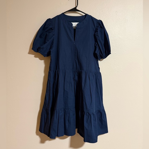 Hyacinth House Navy Ellie Zipper Front Puff Sleeve Tiered Mini Dress Size Small - Picture 2 of 5